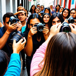 **Image Prompt:** A vibrant, colorful photography workshop in São Paulo, Brazil. A diverse group of aspiring photographers are actively engaged, learning about the latest camera techniques and digital marketing strategies. The instructor, a seasoned photographer, is passionately demonstrating how to build a strong personal brand through social media. The scene highlights the importance of practical experience and continuous education in the Brazilian photography market.