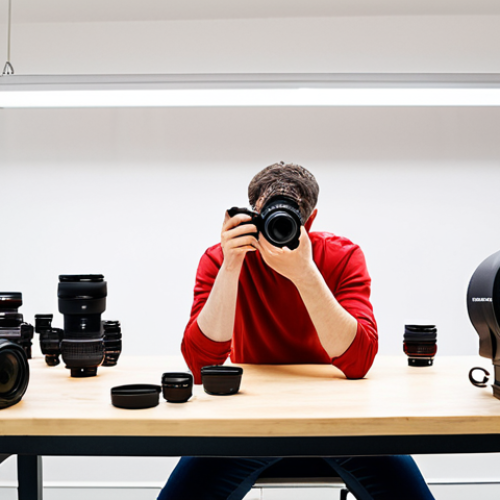 Home 6 **Prompt 1:** A thoughtful photographer in a bright, modern studio space in Portugal, surrounded by various photography equipment. On a sturdy workbench, a robust DSLR and a sleek mirrorless camera sit side-by-side, each accompanied by versatile lenses (e.g., a standard zoom and a fast prime like a 50mm f/