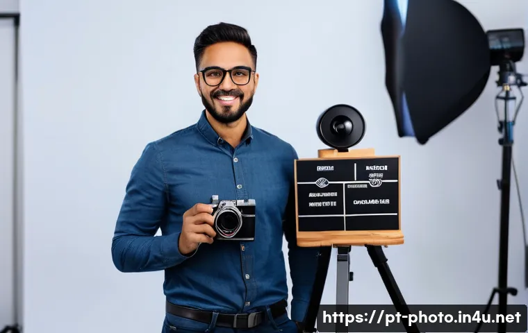 사진 자격증으로 시장 경쟁력을 높이는 방법 - A professional Brazilian photographer in a modern studio environment, confidently holding a camera w...
