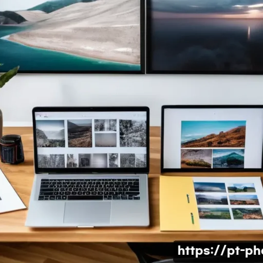 사진 자격증 자격요건 및 등록 절차 - A professional Brazilian photographer carefully organizing a diverse portfolio on a modern desk, fea...