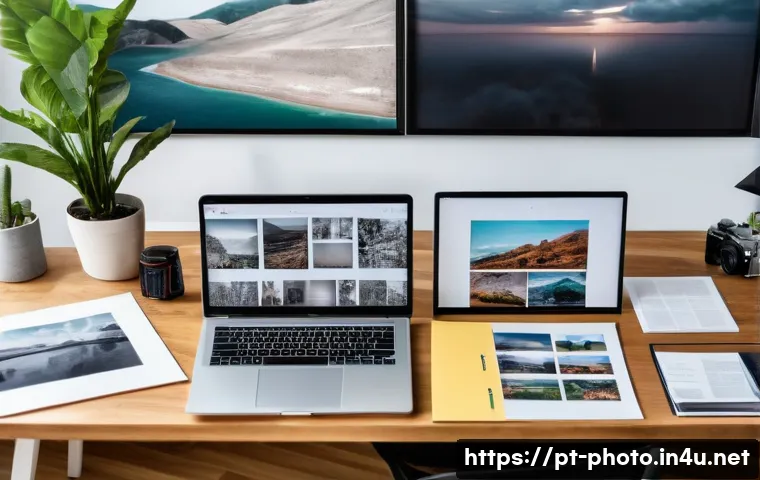 사진 자격증 자격요건 및 등록 절차 - A professional Brazilian photographer carefully organizing a diverse portfolio on a modern desk, fea...