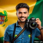 사진 자격증과 관련된 국내외 자격증 비교 - A professional Brazilian photographer in a modern studio setting, confidently holding a DSLR camera,...