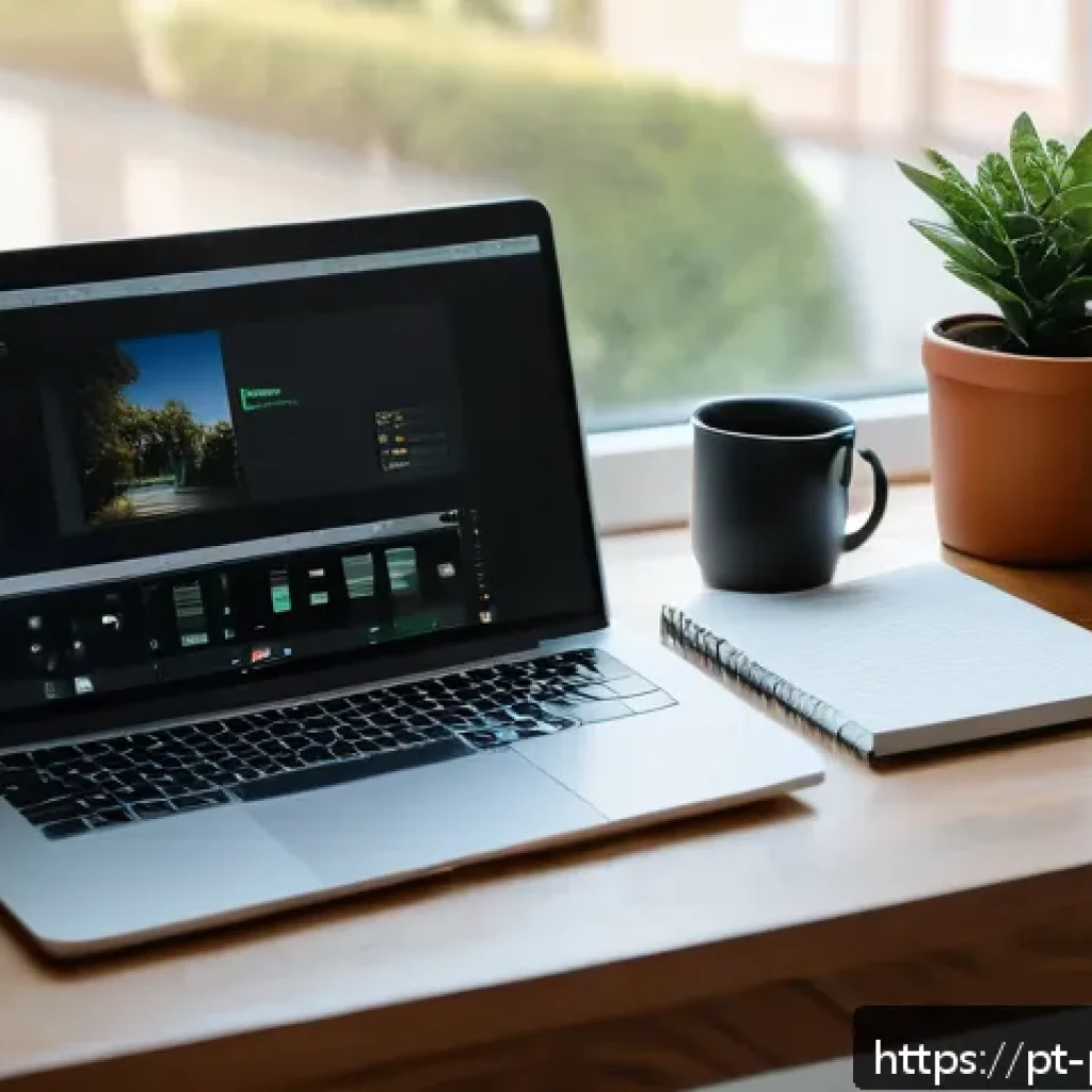 사진 자격증 실기시험 후 리뷰 작성법 - A warm, inviting home office setup for a photography blogger, featuring a modern desk with a laptop ...