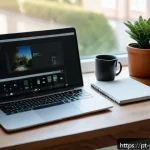 사진 자격증 실기시험 후 리뷰 작성법 - A warm, inviting home office setup for a photography blogger, featuring a modern desk with a laptop ...