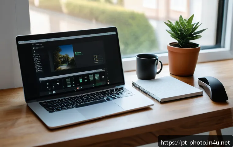 사진 자격증 실기시험 후 리뷰 작성법 - A warm, inviting home office setup for a photography blogger, featuring a modern desk with a laptop ...