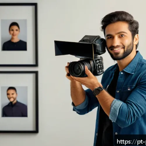 사진 자격증 연봉 협상 팁 - A professional Brazilian photographer in a modern studio environment, confidently holding a DSLR cam...