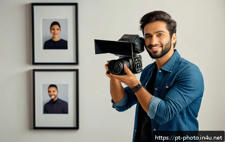 사진 자격증 연봉 협상 팁 - A professional Brazilian photographer in a modern studio environment, confidently holding a DSLR cam...