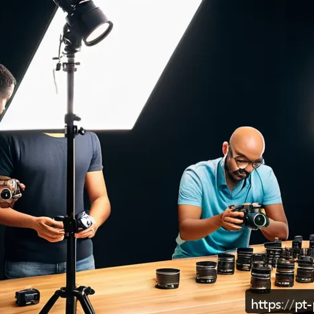 사진 자격증 취득 후 실무 교육 프로그램 - A professional photography workshop scene set in a modern studio with diverse participants practicin...