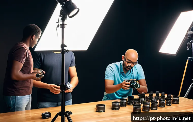 사진 자격증 취득 후 실무 교육 프로그램 - A professional photography workshop scene set in a modern studio with diverse participants practicin...