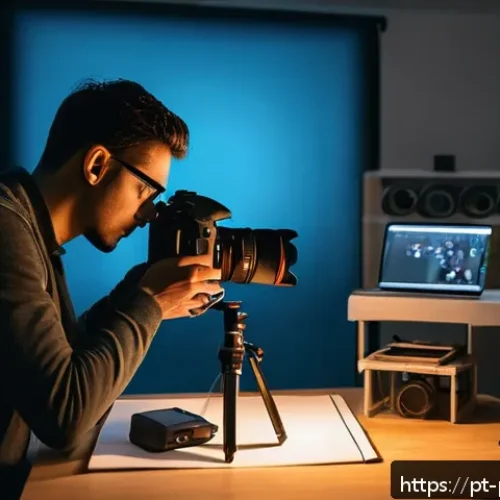 사진 자격증 실기시험 현장에서 주의할 점 - A professional photographer adjusting camera settings on a DSLR in a softly lit indoor studio, caref...