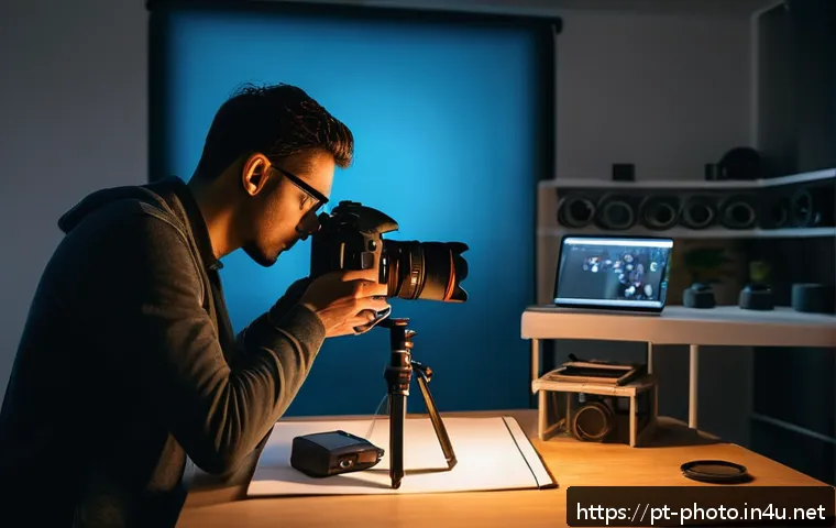 사진 자격증 실기시험 현장에서 주의할 점 - A professional photographer adjusting camera settings on a DSLR in a softly lit indoor studio, caref...